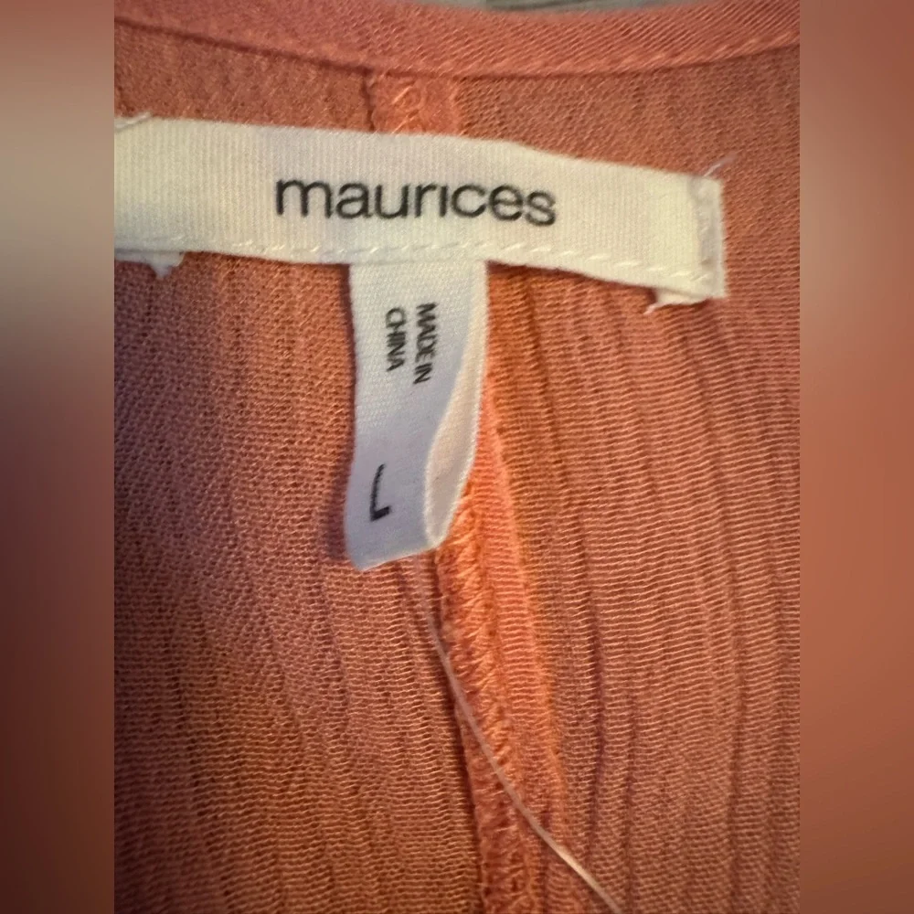 Maurices Peachy Coral Hue Embroidered Long Tunic Cover Up w/ Front Ties & Slits - Picture 3 of 12